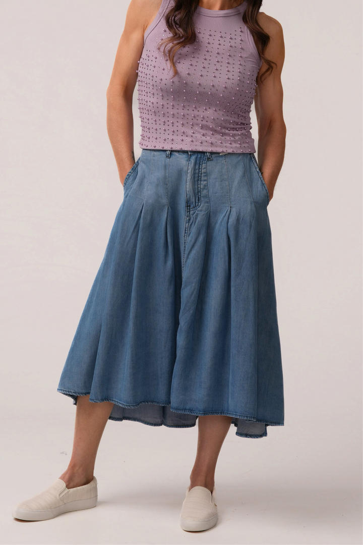 Pleated High Low Tencel Midi Skirt