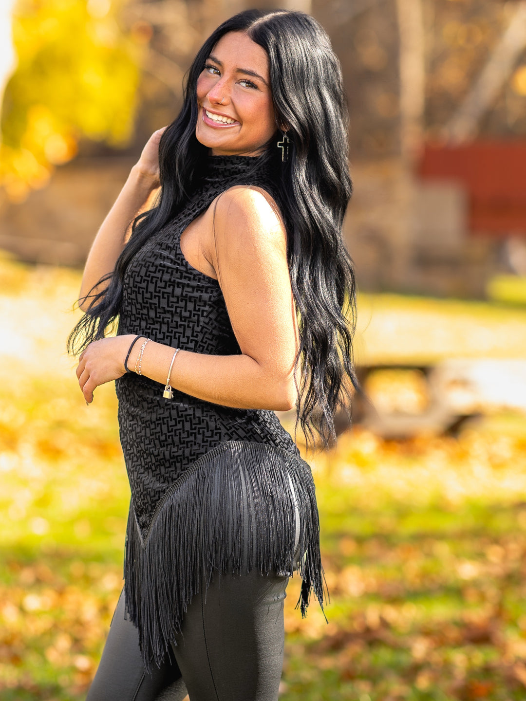 Fringed Mockneck Asymmetric Hem Mesh Top