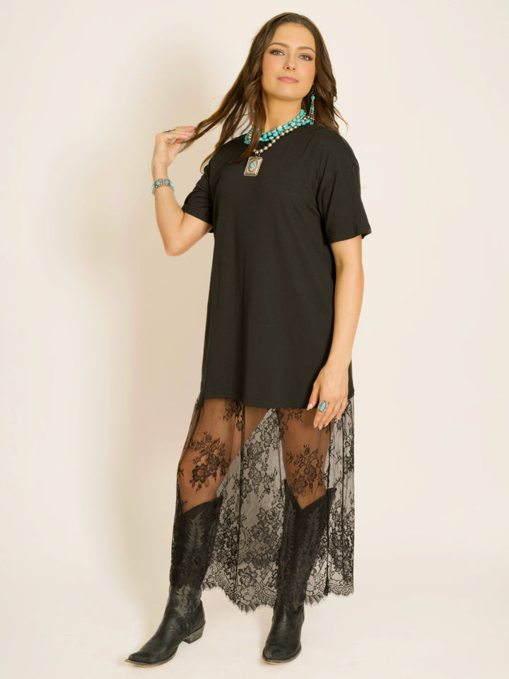 Black Maxi T-Shirt Dress with Lace Accent