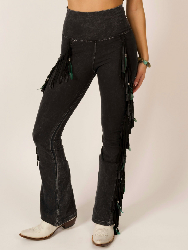 Black Full Fringe & Feather Mineral Wash Western Leggings