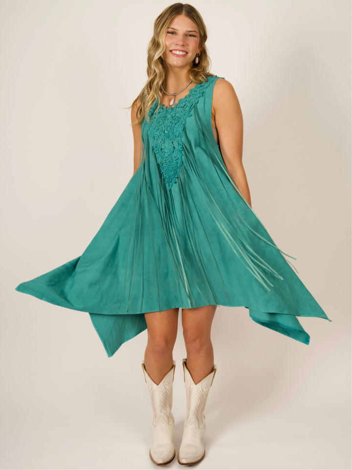 Turquoise Shark Bite Designer Sleeveless Dress w/ Deerskin Fringe & Lace Neckline