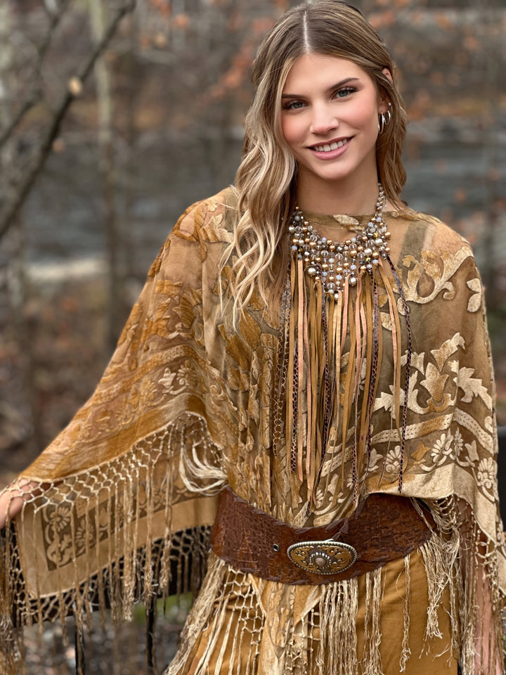 Burnout Velvet Poncho with Fringe