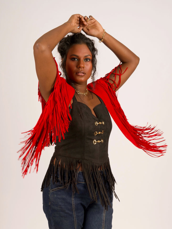Handcrafted Red Suede Leather Fringe Shoulder Collar