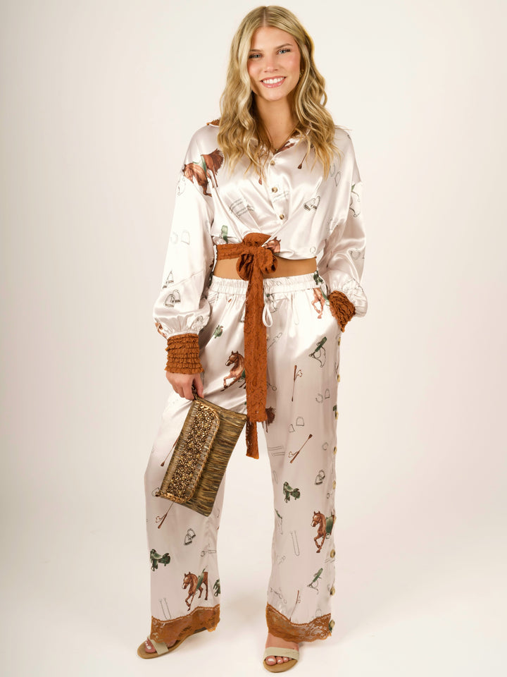 Equestrian Satin Button-Front Crop Top with Wrap Tie