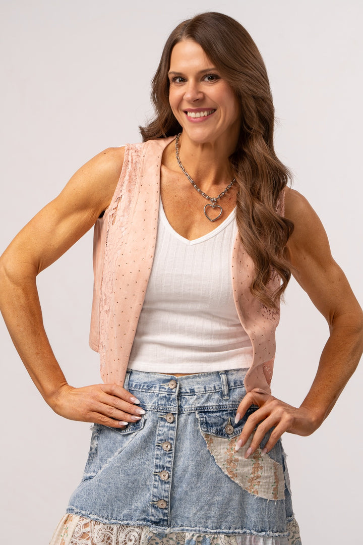 Suede Lace and Rhinestone Cropped Vest