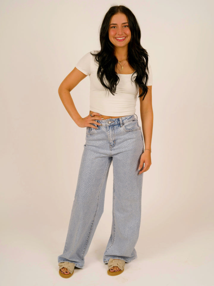 High-Rise Wide-Leg All-Over Rhinestone Jeans