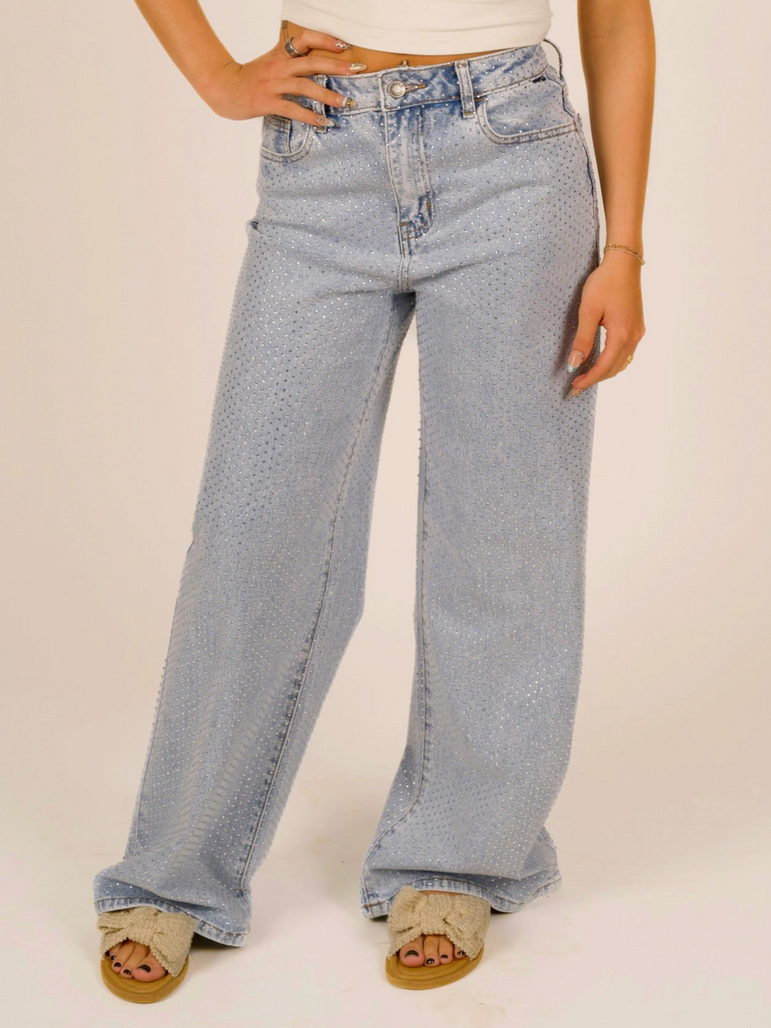 High-Rise Wide-Leg All-Over Rhinestone Jeans