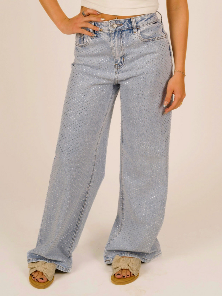 High-Rise Wide-Leg All-Over Rhinestone Jeans