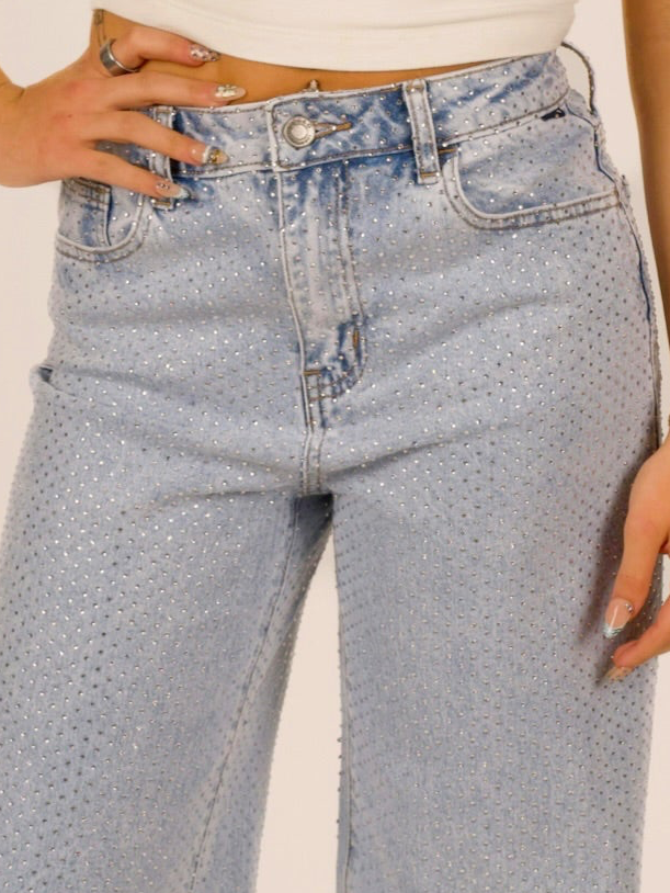 High-Rise Wide-Leg All-Over Rhinestone Jeans