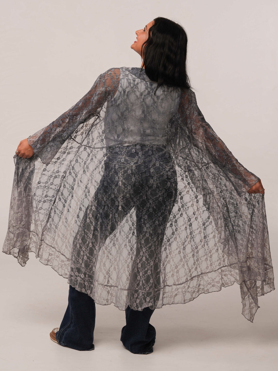 Long Rhinestone Detail Lace Cardigan Duster