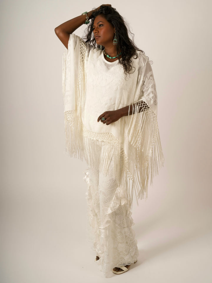 Pat Dahnke Ivory Burnout Fringe Poncho