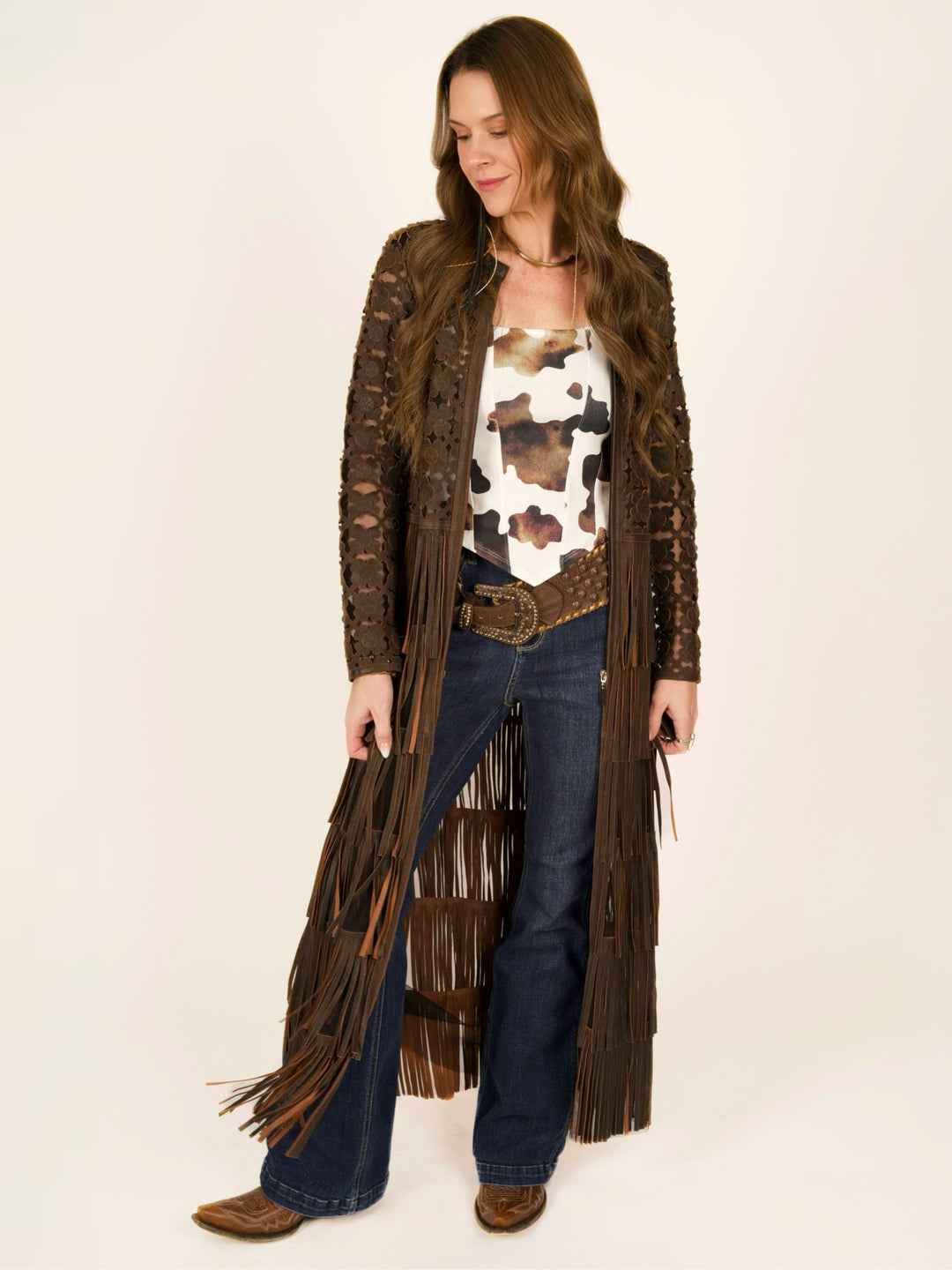 Italian Leather Laser-Cut Fringe Duster Jacket