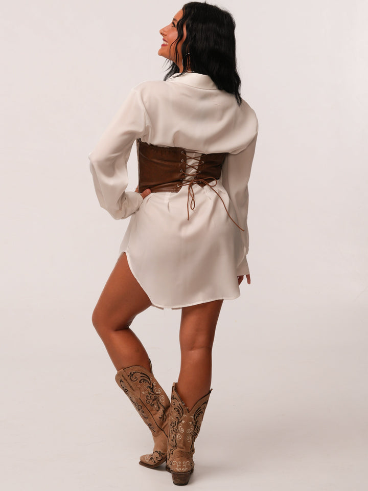 Button Down Long Sleeve Collared Corset Dress