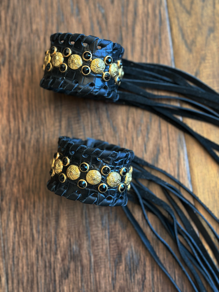 Single Gold Studded Leather Fringe Cuff Bracelet