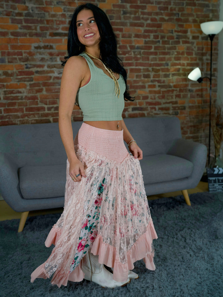 POL Romantic Boho High-Low Lace Skirt with Smocked Waist