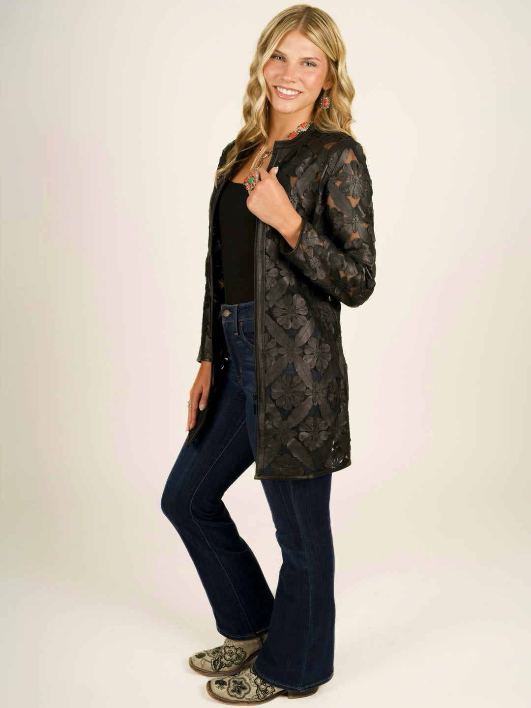 Black Laser Cutout Leather Jacket