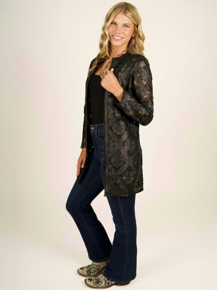 Black Laser Cutout Leather Jacket