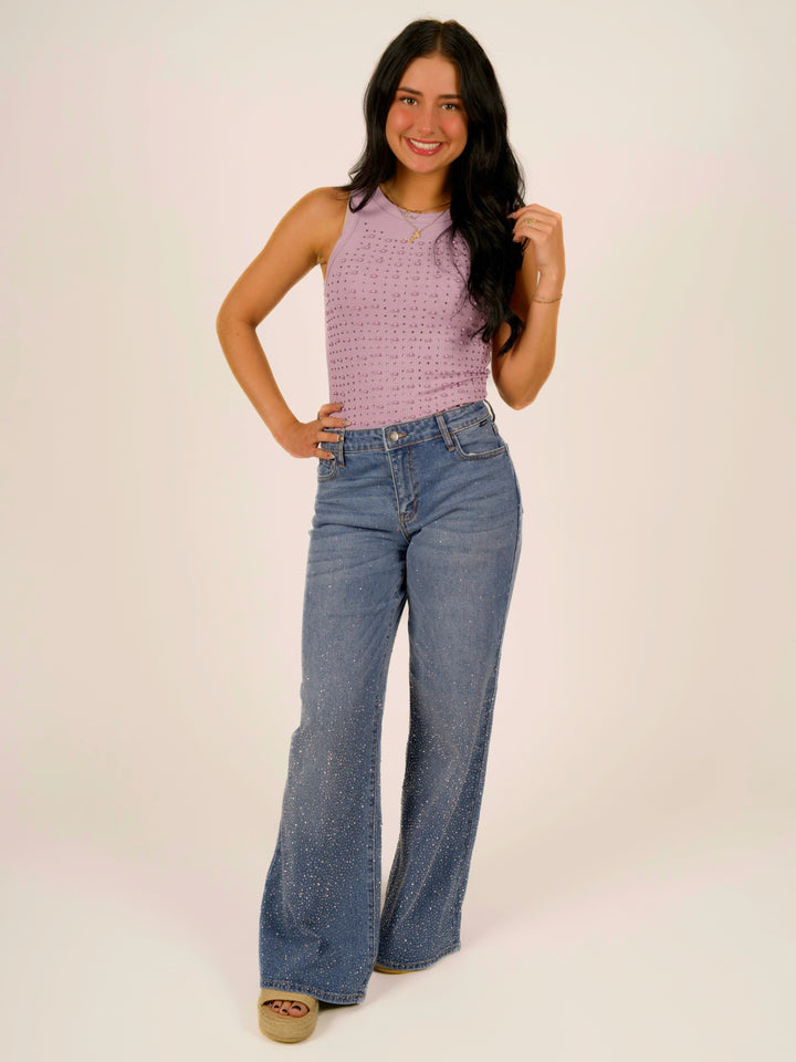 Medium Wash Rhinestone Wide Leg Jeans