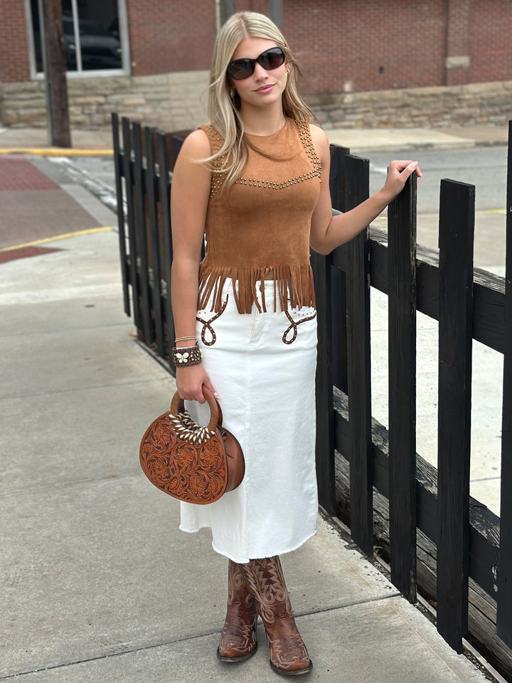 Boot Stitch White Denim Midi Skirt
