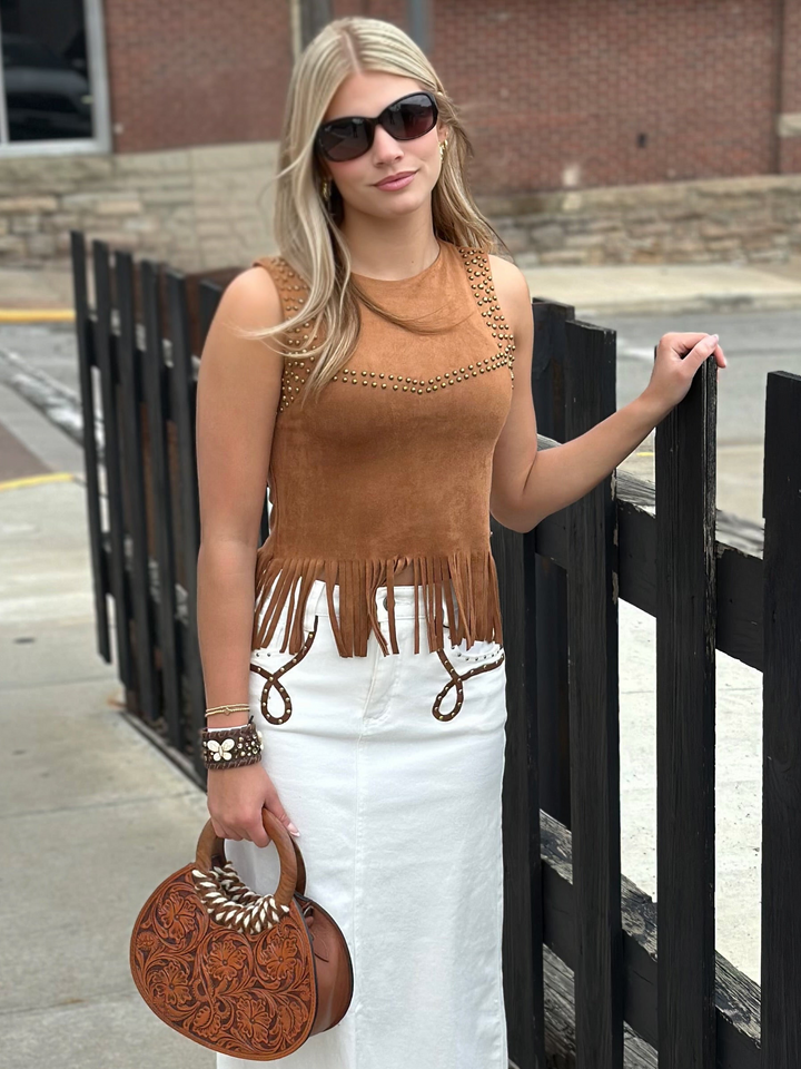 Giddy Up Glam Studded Suede Fringe Tank