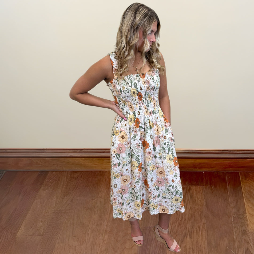 Smocked Floral A Line Midi Dress