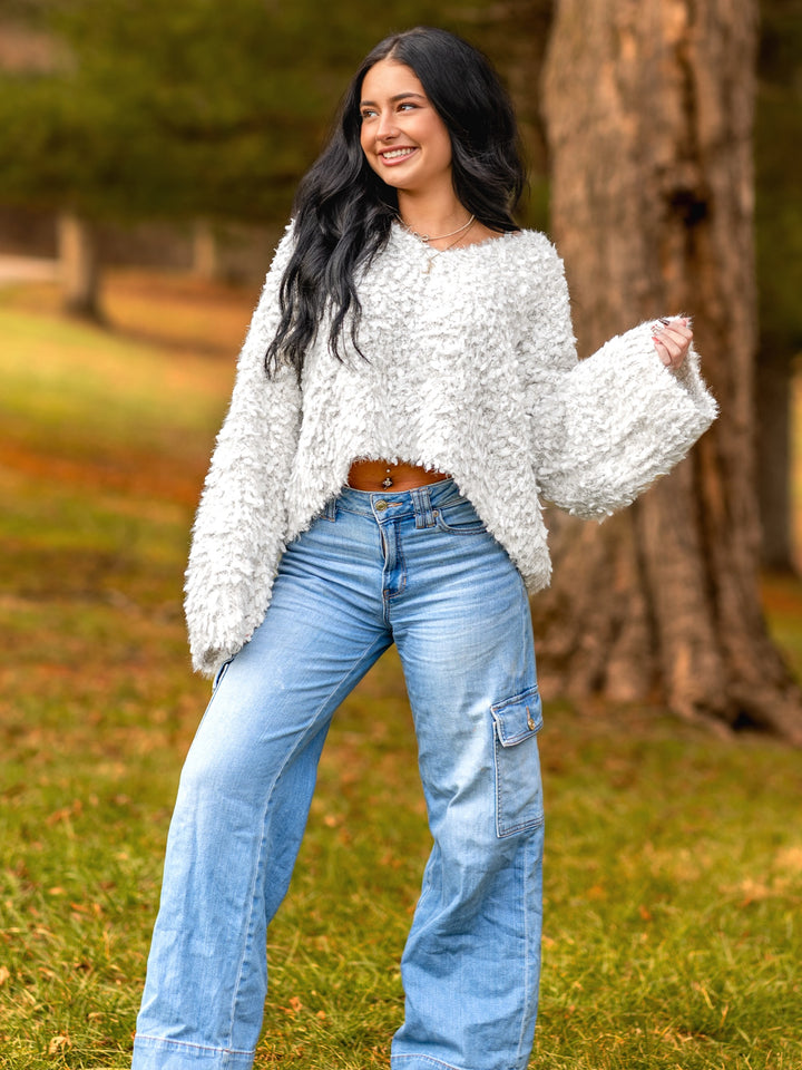 Oversized V-Neck Fuzzy Knit Cropped Sweater