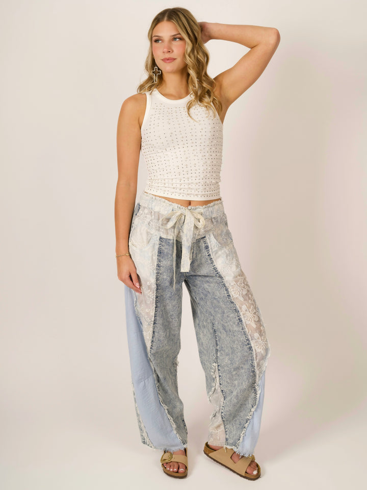 POL Boho High-Waist Wide-Leg Lace Patchwork Denim Pants