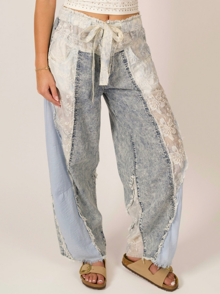 POL Boho High-Waist Wide-Leg Lace Patchwork Denim Pants