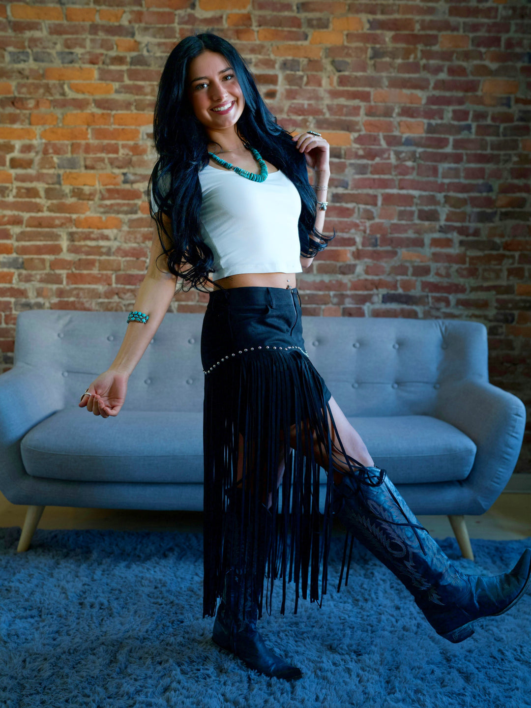 Black Suede Fringe Studded Shorts