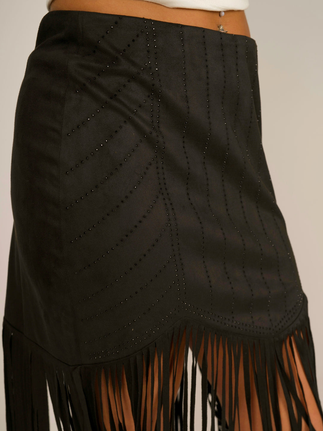 High-Waisted Laser-Cut Suede Fringe Mini Skirt with Rhinestones
