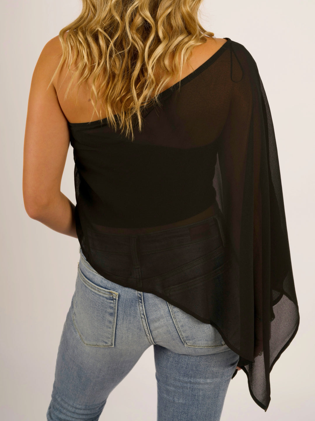 Midnight Cascade Asymmetrical One-Shoulder Cape Blouse
