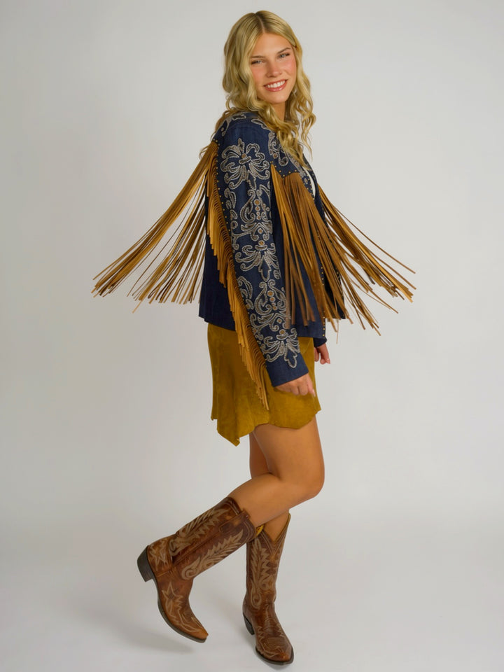 Western Cowgirl Embroidered Leather Fringe Jacket