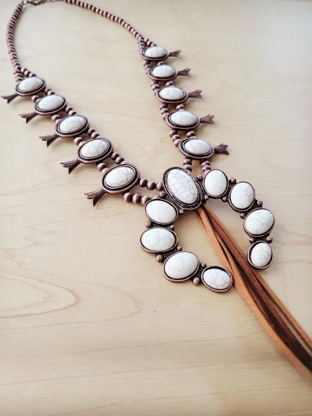 White Turquoise Squash Blossom Necklace w/ Tan Tassel