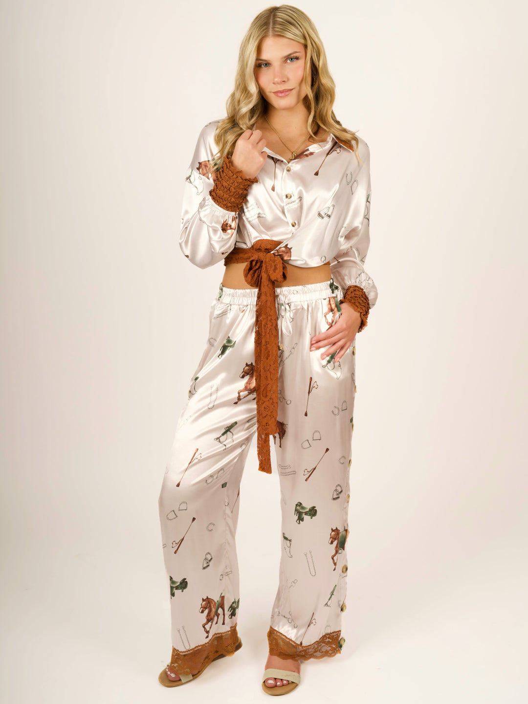 Stretch Satin Equestrian Print Pants with Lace Hem