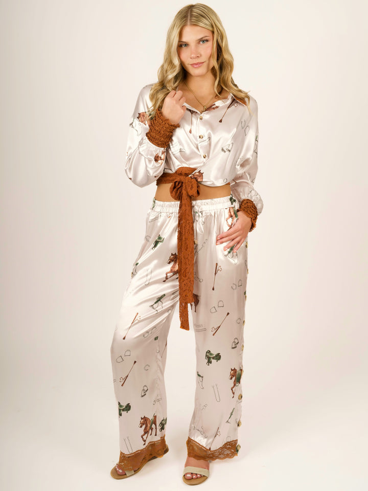 Stretch Satin Equestrian Print Pants with Lace Hem