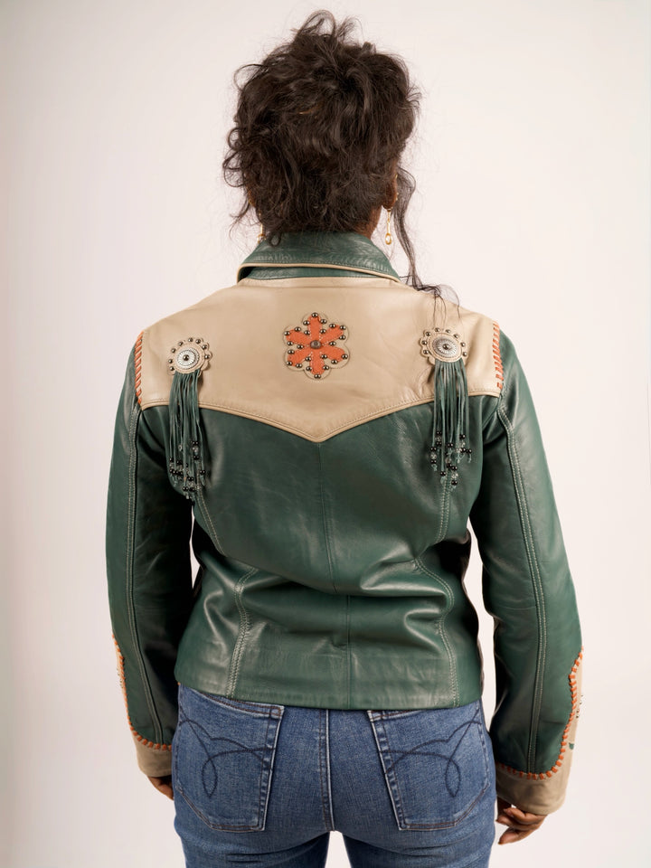 Forest Green Floral Inlay Western Leather Jacket
