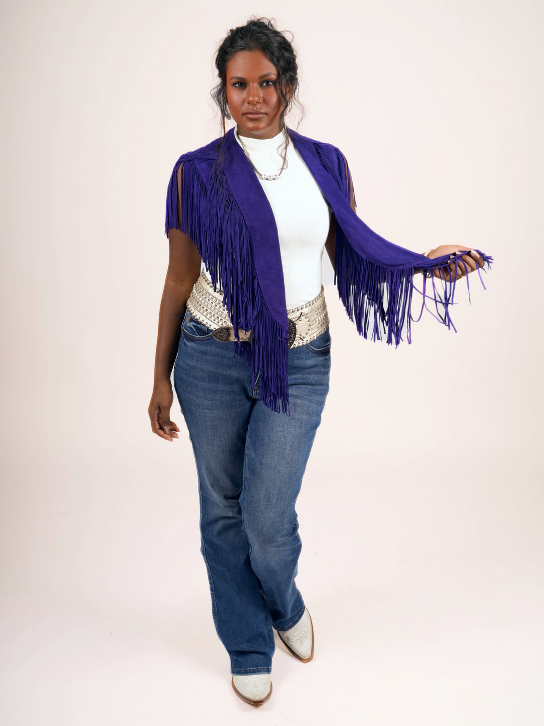 Handcrafted Royal Blue Suede Leather Fringe Shoulder Collar