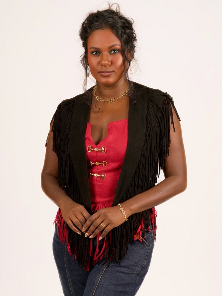 Handcrafted Black Suede Leather Fringe Shoulder Collar