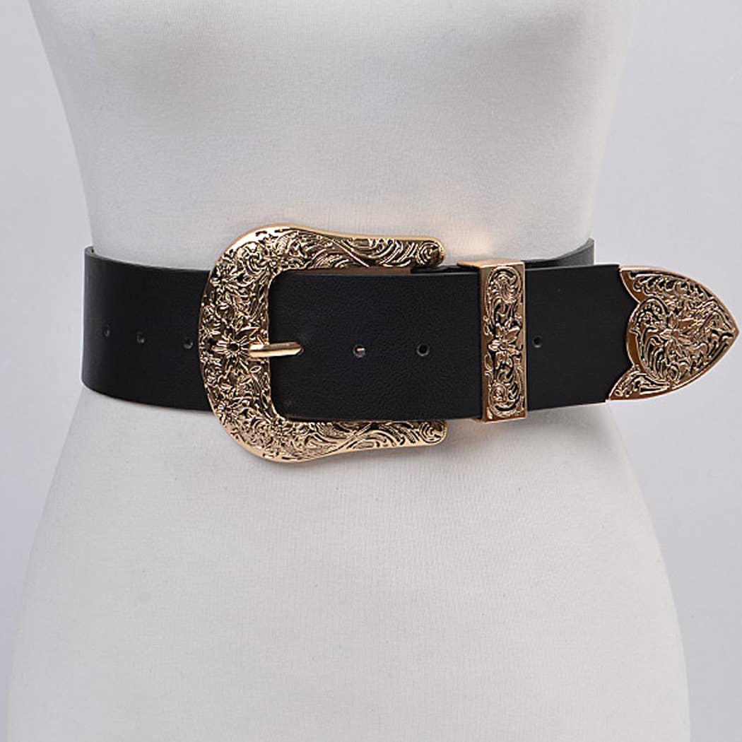 Vintage Cowboy Large Buckle Faux Leather Western Belt