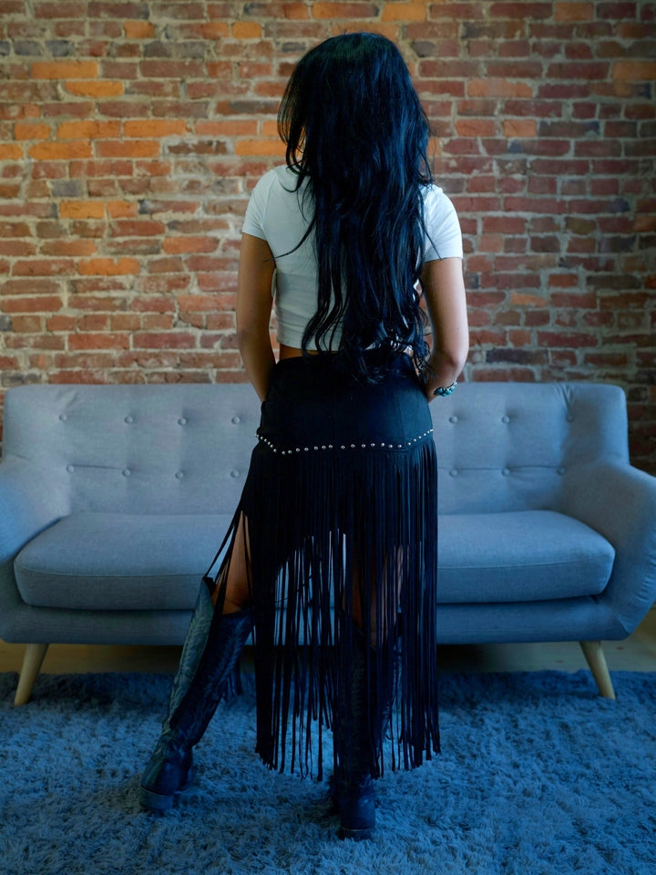 Black Suede Fringe Studded Shorts