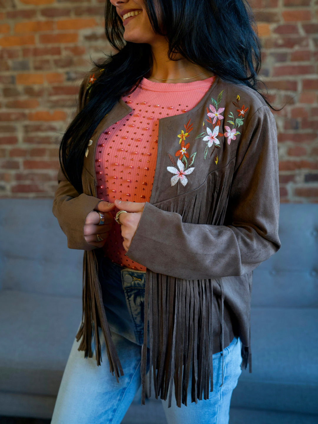 Fringe & Flowers Brown Suede Jacket