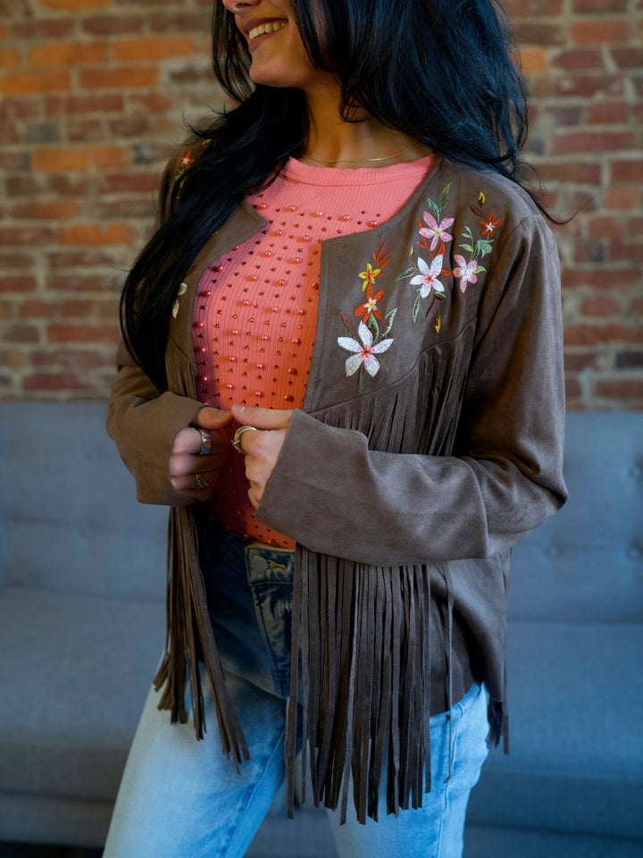 Fringe & Flowers Brown Suede Jacket