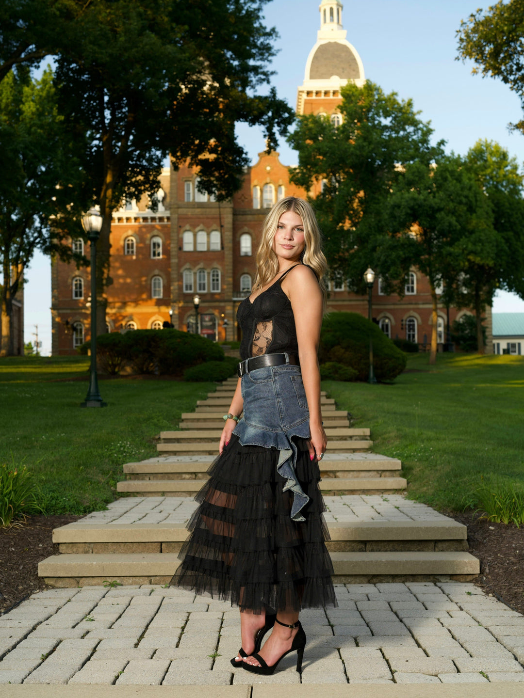 Grunge Glam Denim & Tulle Layered Maxi Skirt