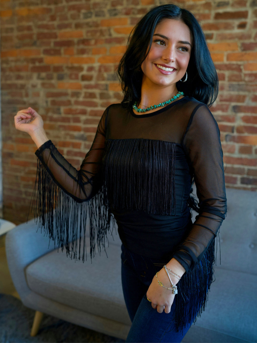 Women’s Black Fringe Trim Long Sleeve Mesh Western Top