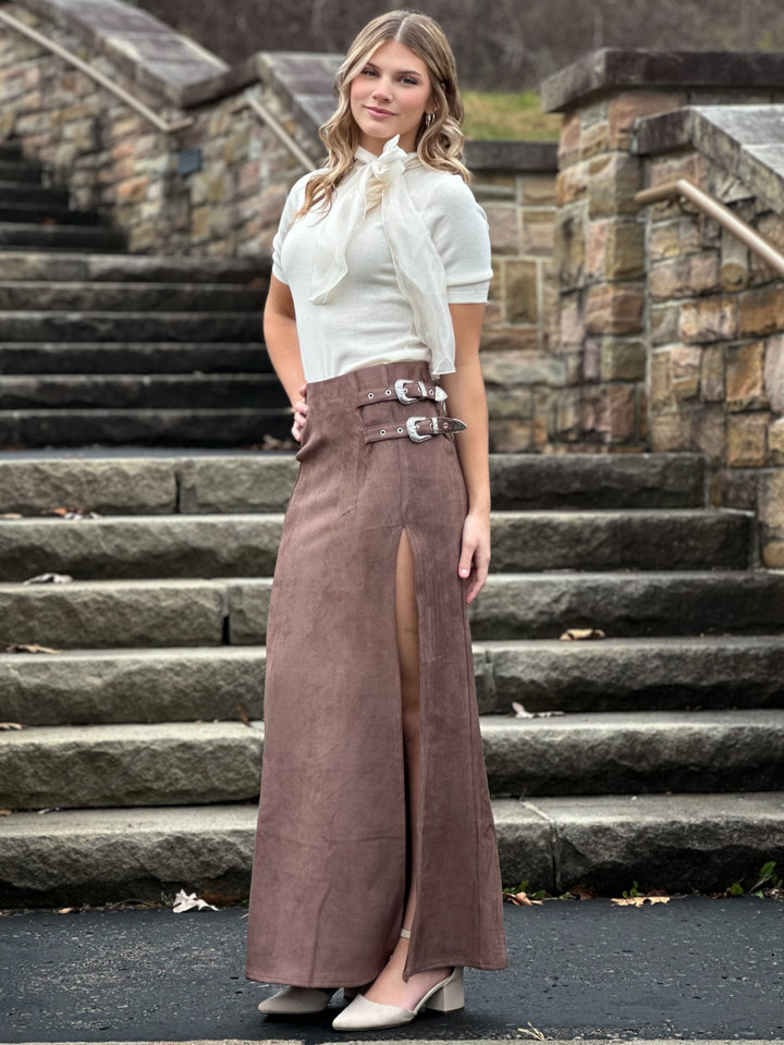 Suede Western Buckle Front Slit Maxi Skirt