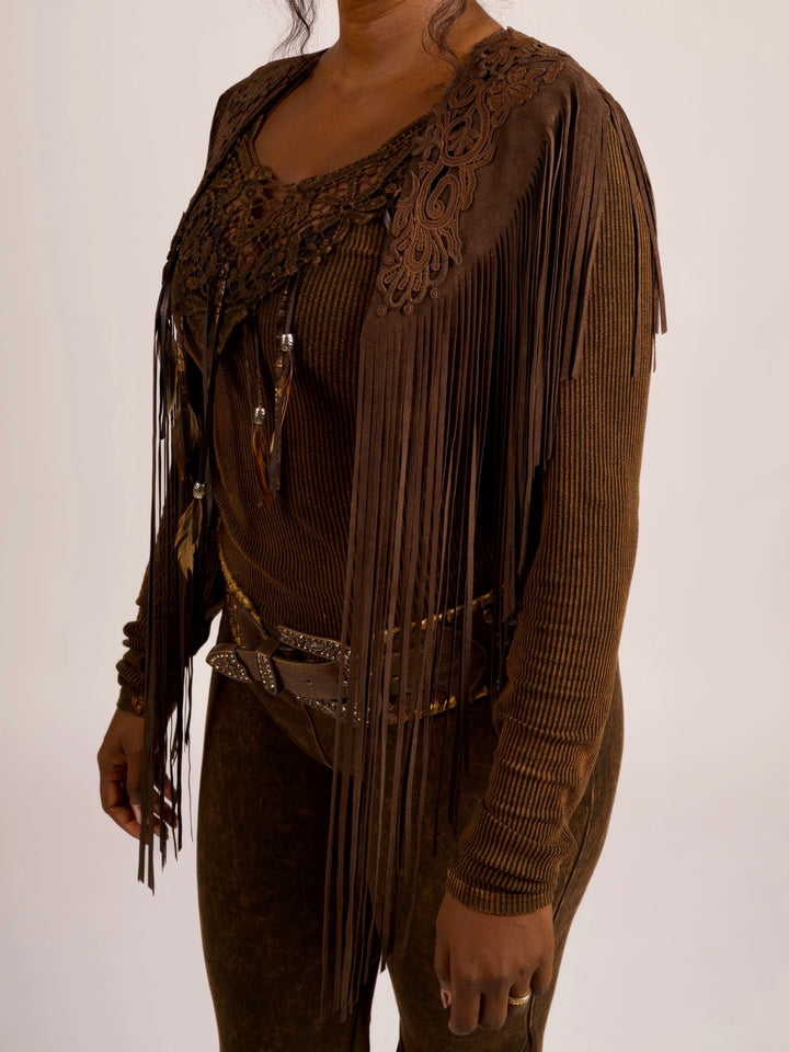 Handcrafted Chocolate Suede Shoulder Fringe Collar by Pat Dahnke