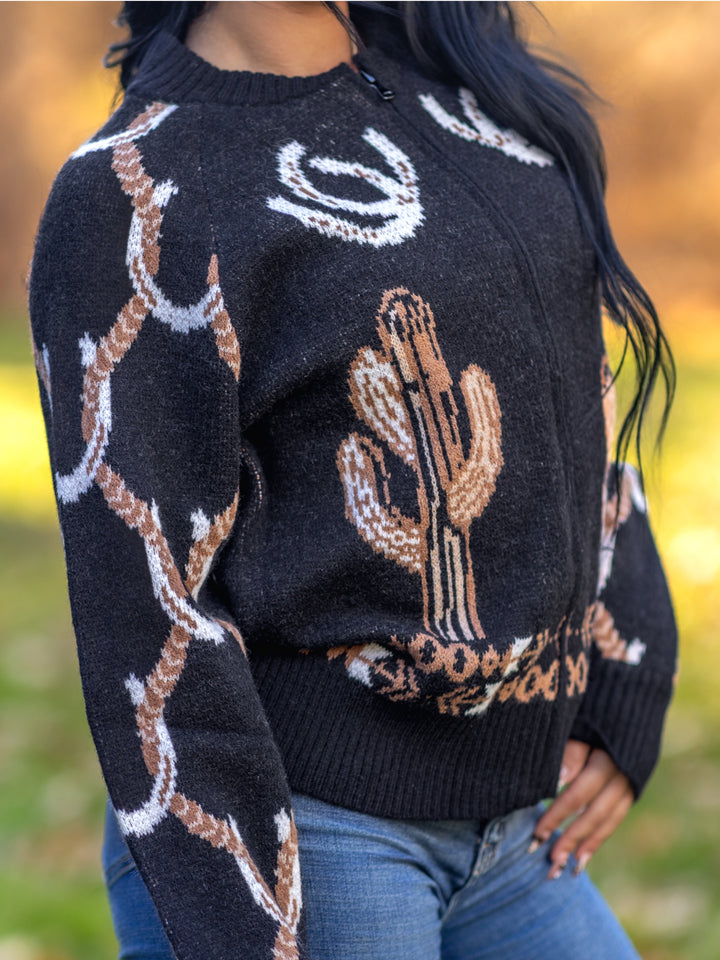 Rodeo Rider Embroidered Zip Up Sweater