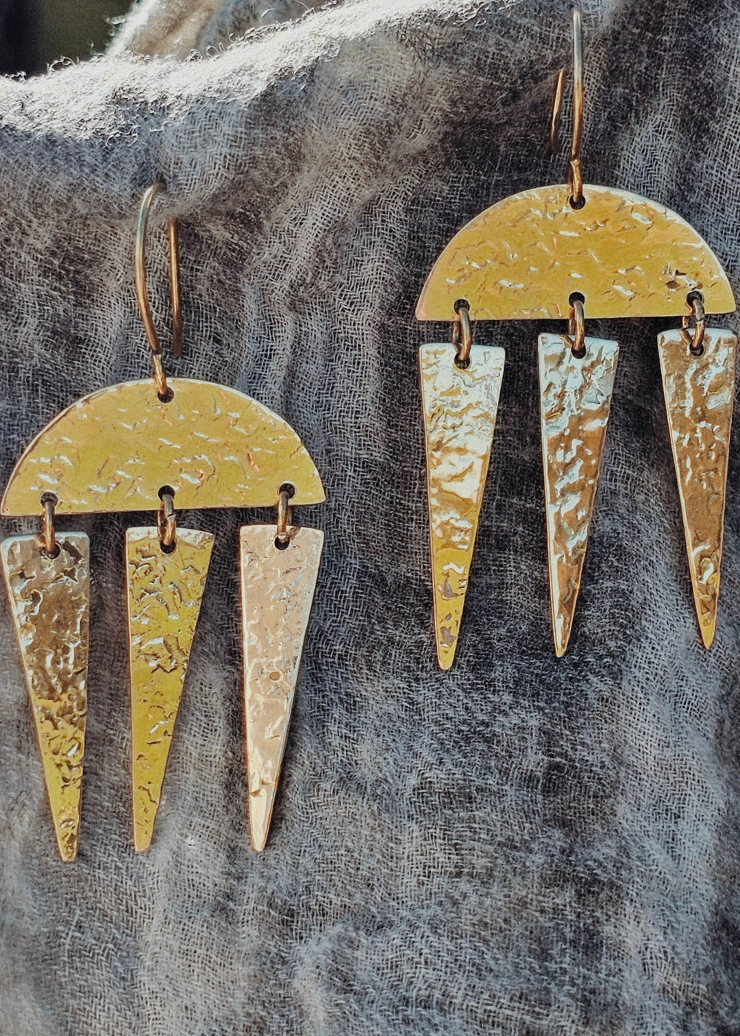Hammered Geometric Brass Chandelier Fang Earrings