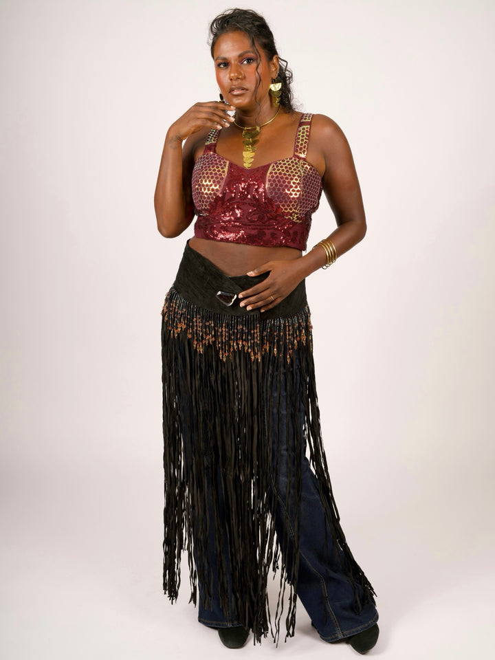 Long Suede Fringe Western Belt with Iridescent Beading by Pat Dahnke