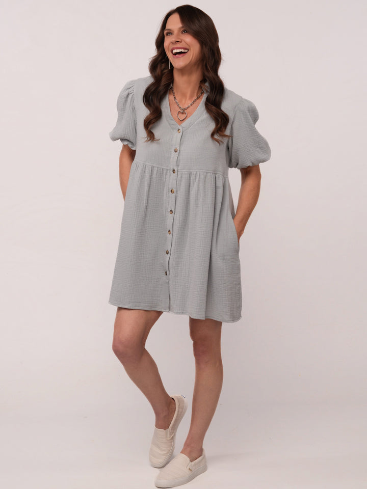 Powder Blue Puff Sleeve Flare Dress